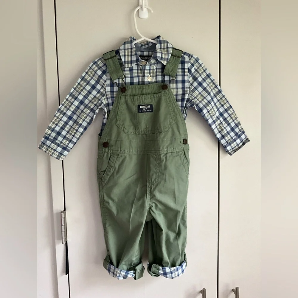 NWOT 2 piece set Oshkosh Overalls + Button Down bodysuit shirt, 18 mo, MSRP $70